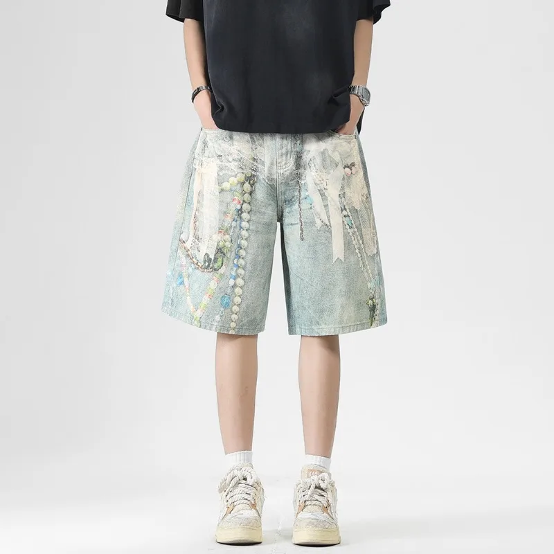 Summer New Lace Pearl Chain Print Men's Jeans Loose Casual Splatterpaint Printed Wide Leg Cropped Knee Lengt Pants