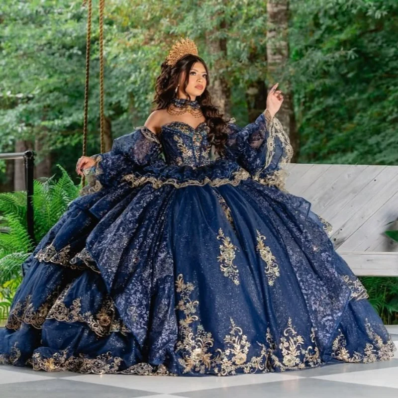 

Shiny dark blue Quinceanera Dress off-shoulder glitter decal Lace layering Tull Long tail vestidos de 15 Quinceanera ﻿Customize
