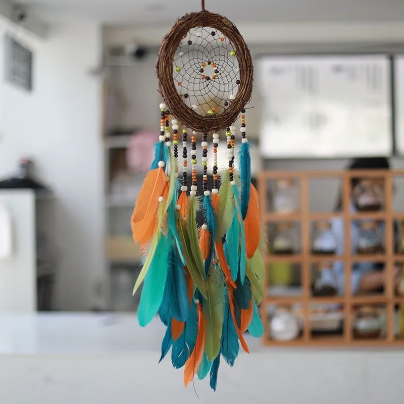 Vintage Natural Rattan Dreamcatcher Wall Decor Handcrafted Color Feather Tassel Beaded Ornament Indoor Hanging Craft Pendant.