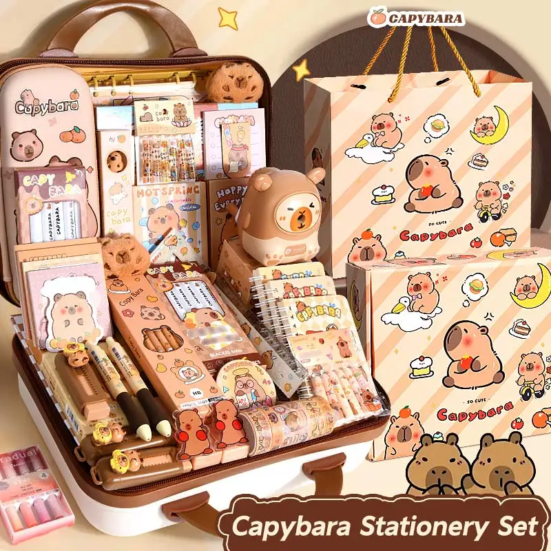 Large Capacity Gift Box Pencil Case Notebook Ruler Cute Capybara Stationery Set Kit Abundant Supplies for Students School Gift