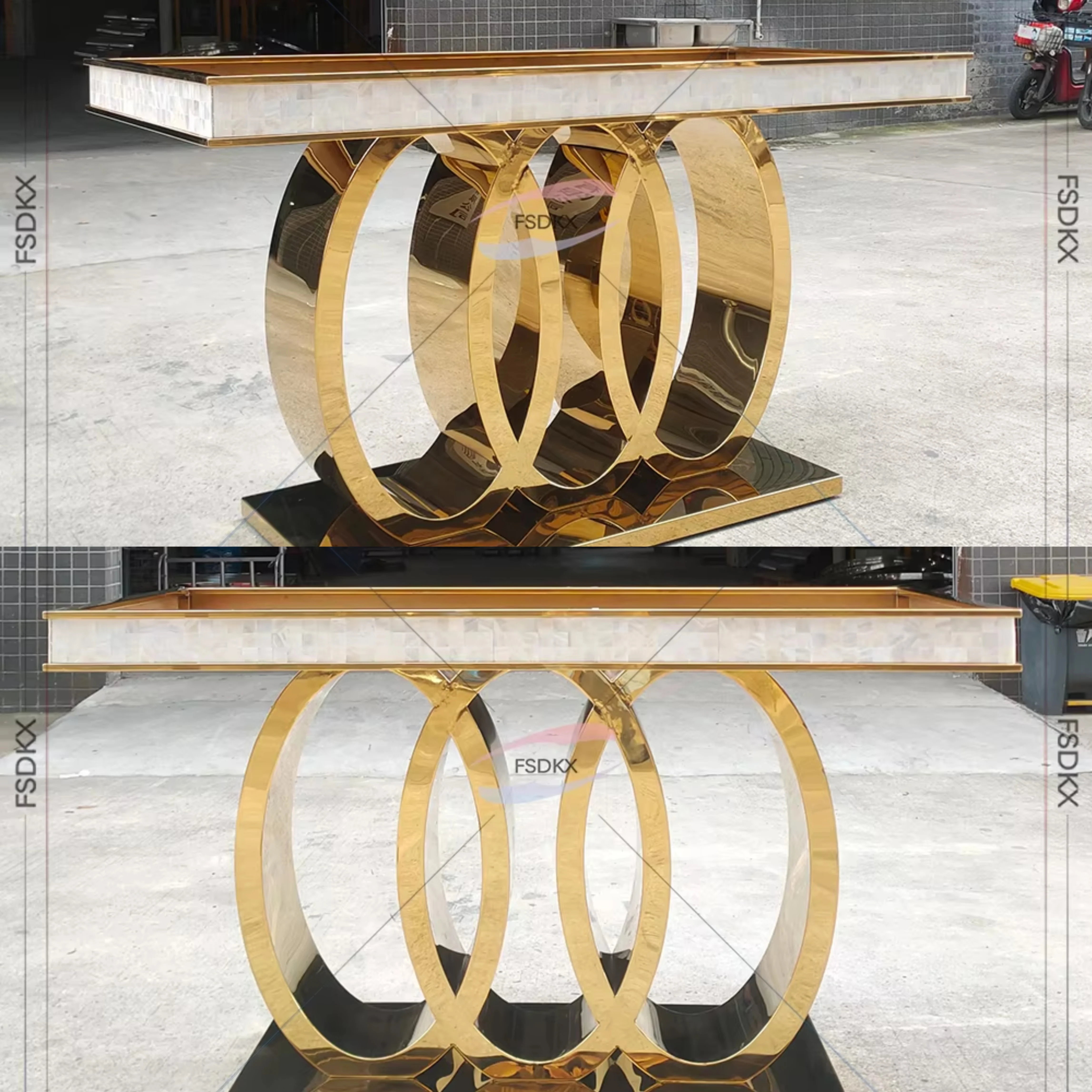 

Fancy 3 Ring Table Base Golden Stainless Steel Marble Rim Golden Wedding dining table