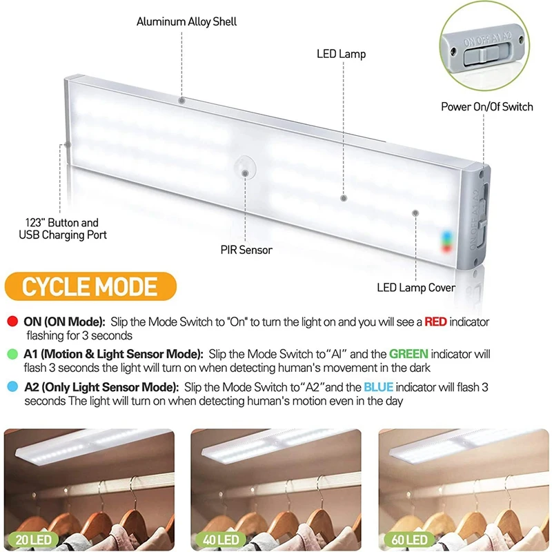 Imagem -03 - Sensor de Movimento Recarregável Luz do Armário Iluminação Escadas Roupeiro Cozinha Corredor 60 Led Pack