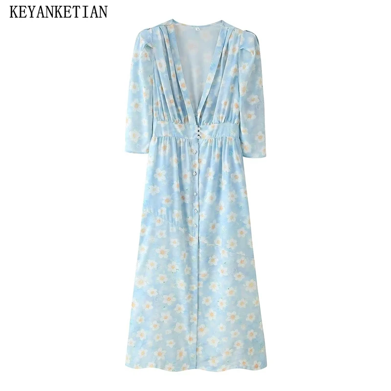 Keanketian outono novo estilo de férias feminino único breasted manga comprida em camadas com decote em v vestido de impressão floral saia longa