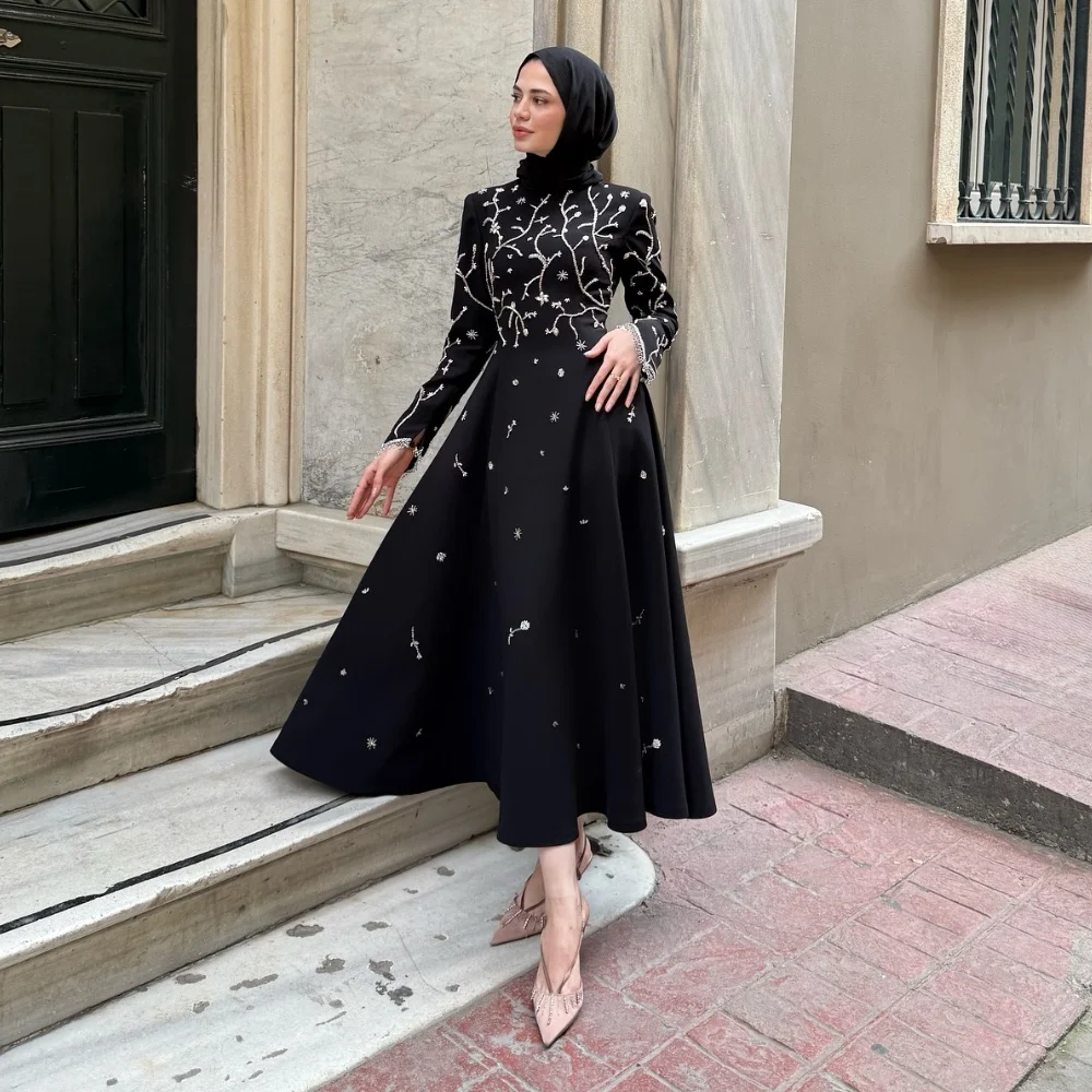 

Customized Simple Jersey Pleat Sequined Pattern A-line O-Neck Midi Dresses Bespoke Occasion Chinese Style Matching