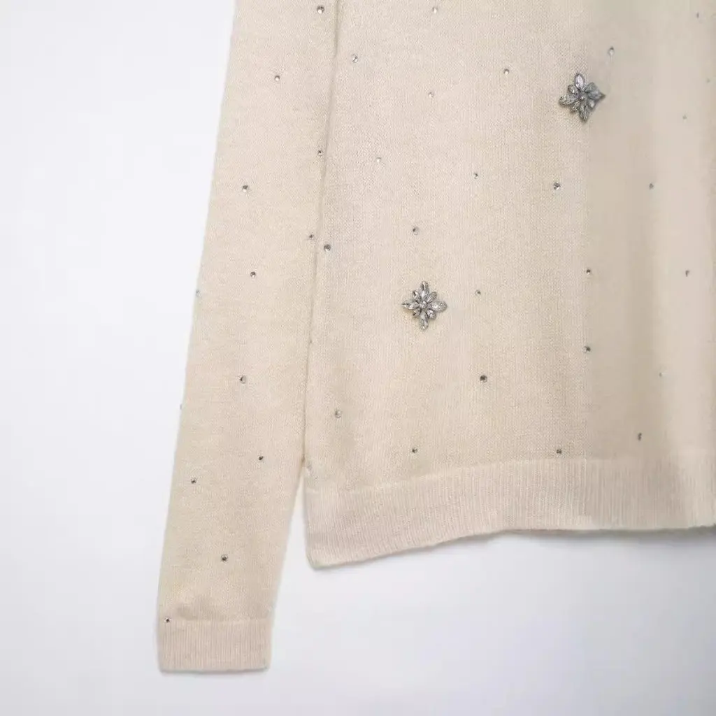 

Fashion Long Sleeve Embroidered Knitwear Solid Color Design Backless Jewelry Detail Women's Open Cardigan