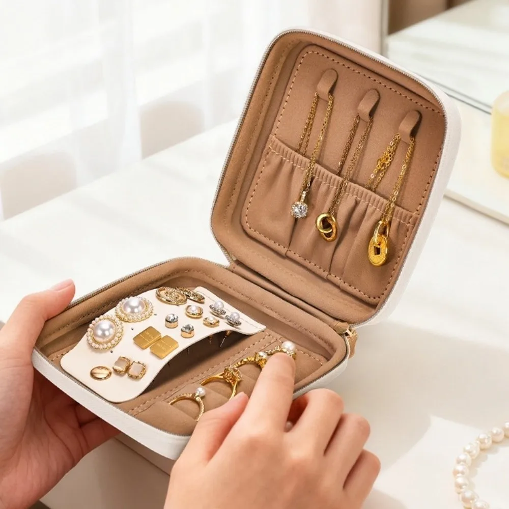 

Leather Trinkets Storage Organizer Dustproof Large Capacity Portable Jewelry Organizer Simple Solid Color Jewelry Display Box