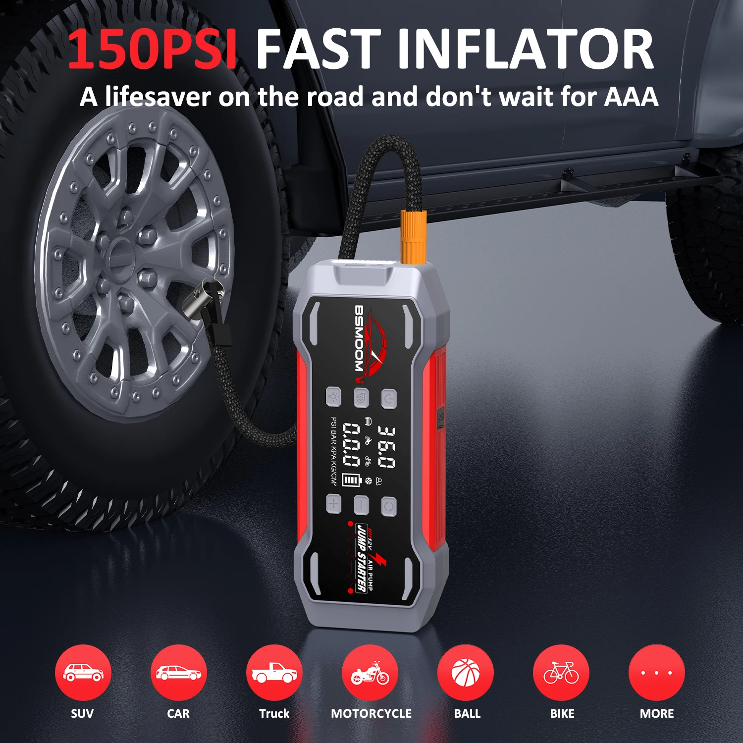 6-in-1 8000A Portable Emergency Jump Starter Features a 150PSI Air Compressor, a Barbecue Blower, and Can Also Charge Mobile Phones and Tablets.