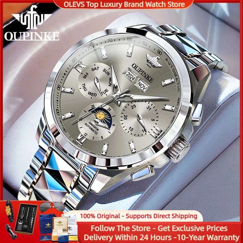 OUPINKE 3201 Automatic Mechanical Watch High end Tungsten Steel Roman Scale Dual Calendar Display Men Hand Clock Moon Phase