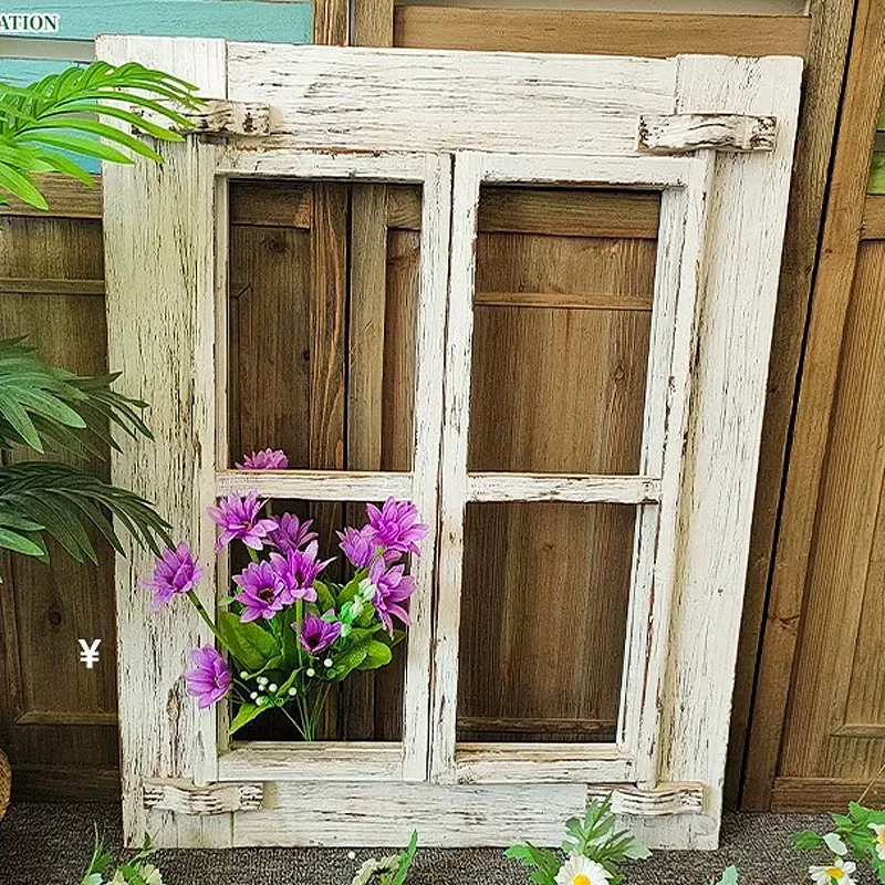 

Rustic Decorative Window Frame Wall Decor, Distressed White Wood, 21x26 inches, Farmhouse Style