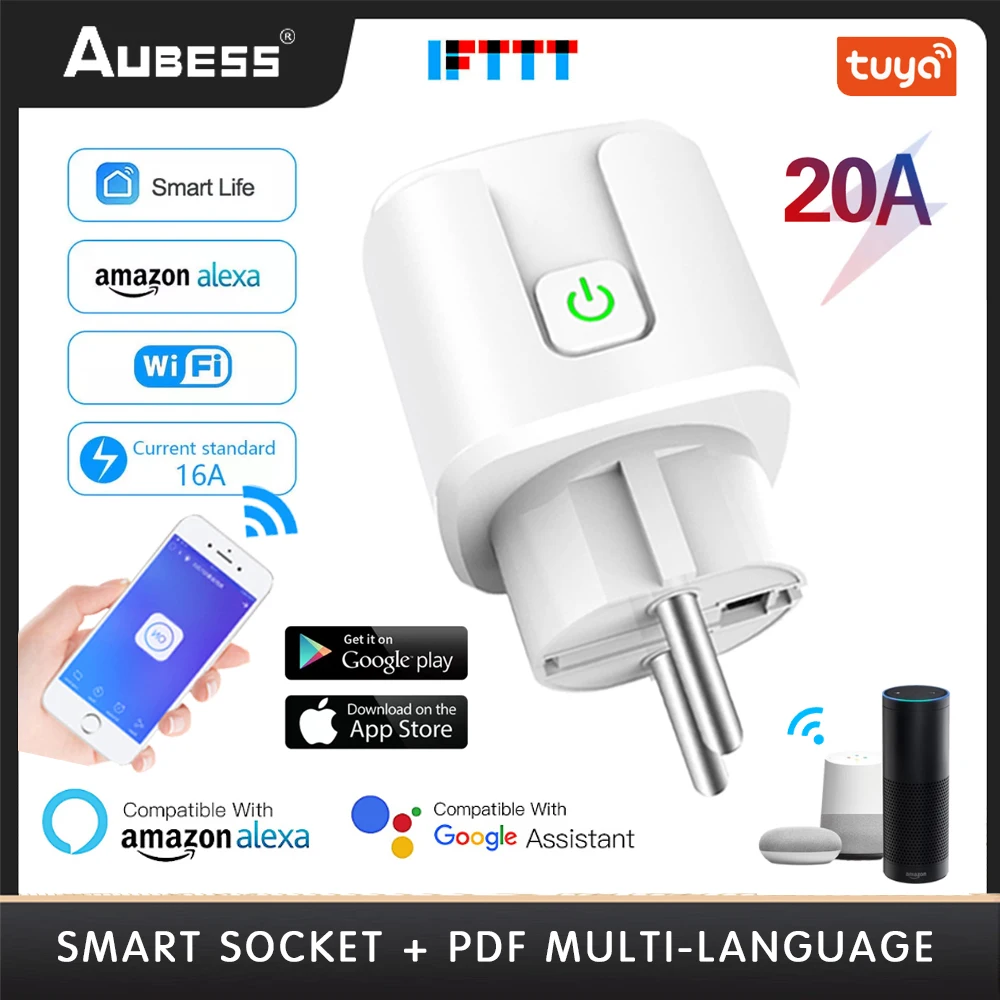 

Tuya Smart Socket EU 20A Wifi Smart Plug With Power Monitoring Smart Home Voice Control Support Google Assistant Alexa Alice