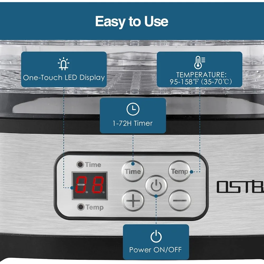 OSTBA Food Dehydrator Machine Adjustable Temperature & 72H Timer, 5-Tray Dehydrators for Food and Jerky, Fruit, Dog Treats