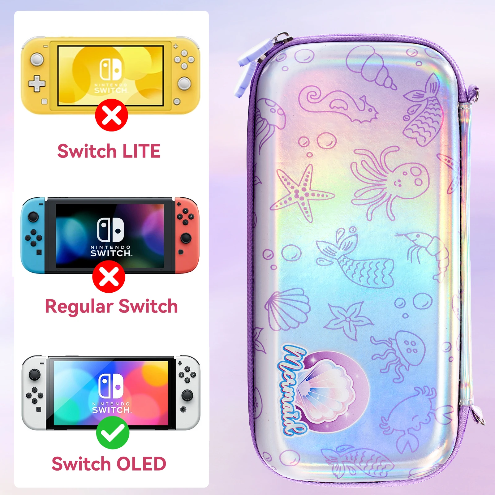 10 in1 Mermaid Carrying Case for Nintendo Switch OLED Switch Accessories Set with TPU Cover,Screen Protector,Adjustable Strap