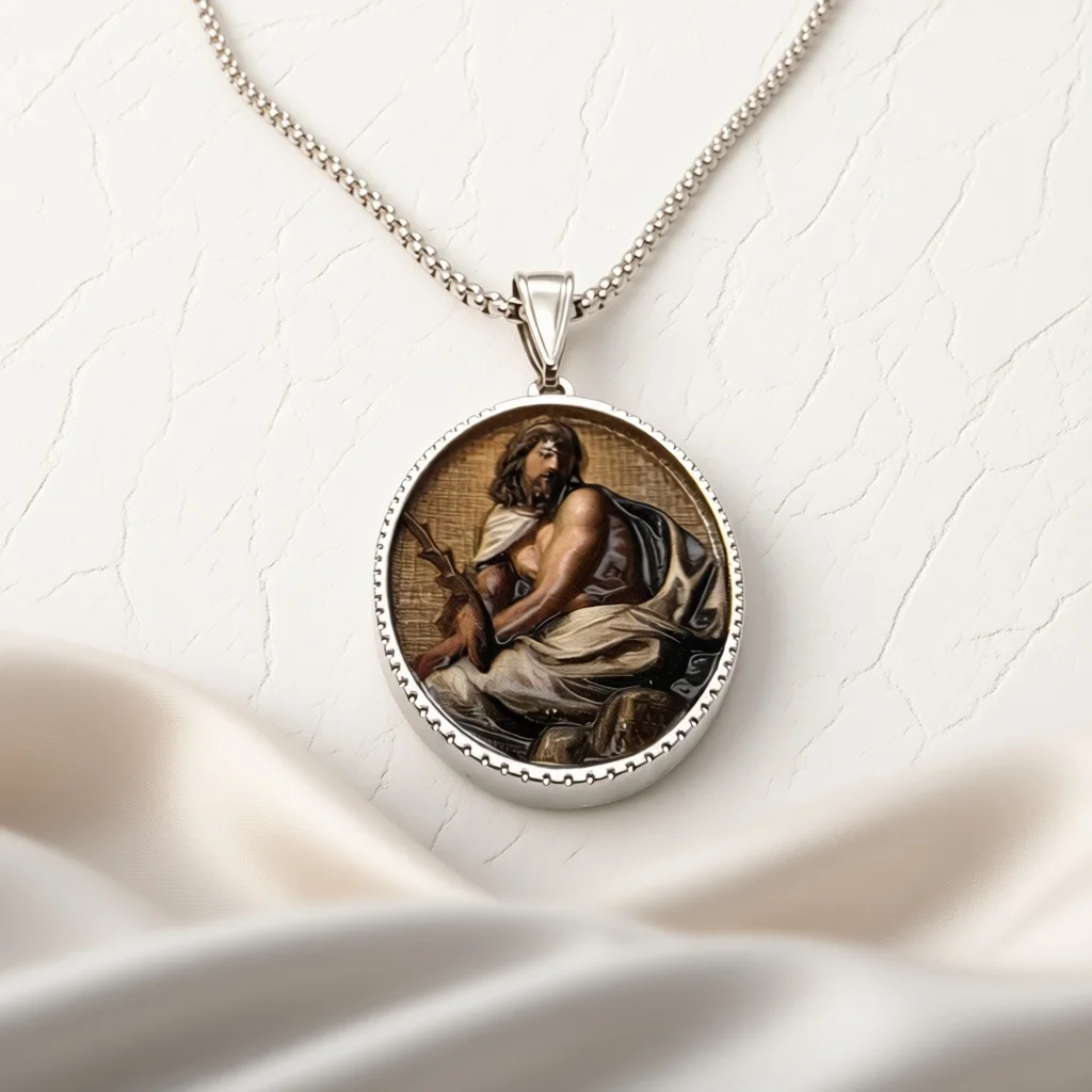 Saint James Round Oil Painting Medal Pendant Necklace Silver Ball Chain Catholic Jewelry Gift For Devout Pilgrim Believers