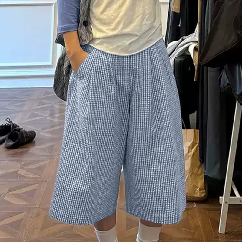 INCERUN Men Plaid Shorts Button Joggers Summer Loose Casual Men Bottoms Streetwear Korean Style 2026 Fashion Wide Leg Shorts Men