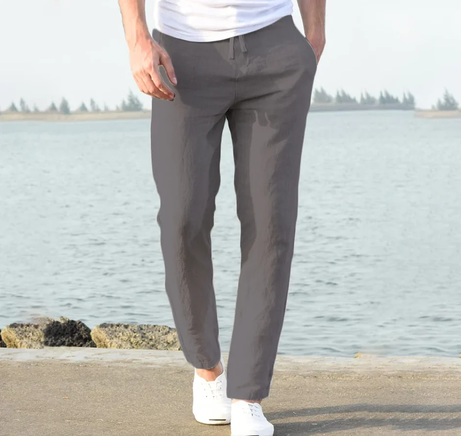 New men's Chinese-style solid-color cotton and linen pants for spring and autumn, with multiple pocket drawstring designs