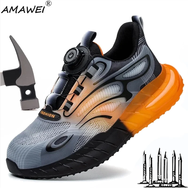 Rotating Button New Safety Shoes Men Anti-smash Anti-puncture Work Shoes Fashion Men Sport Shoes Security Protective Boots Men