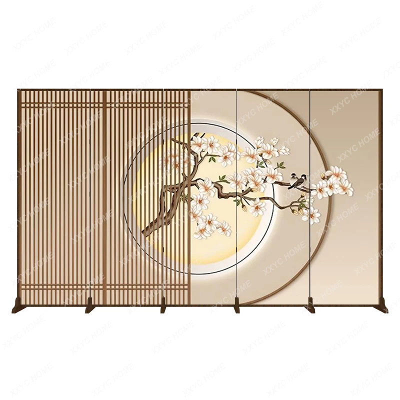 

New Chinese Style Subareas Screens Mobile Folding Flower and Bird Wood Grain Hallway Accordion Partition