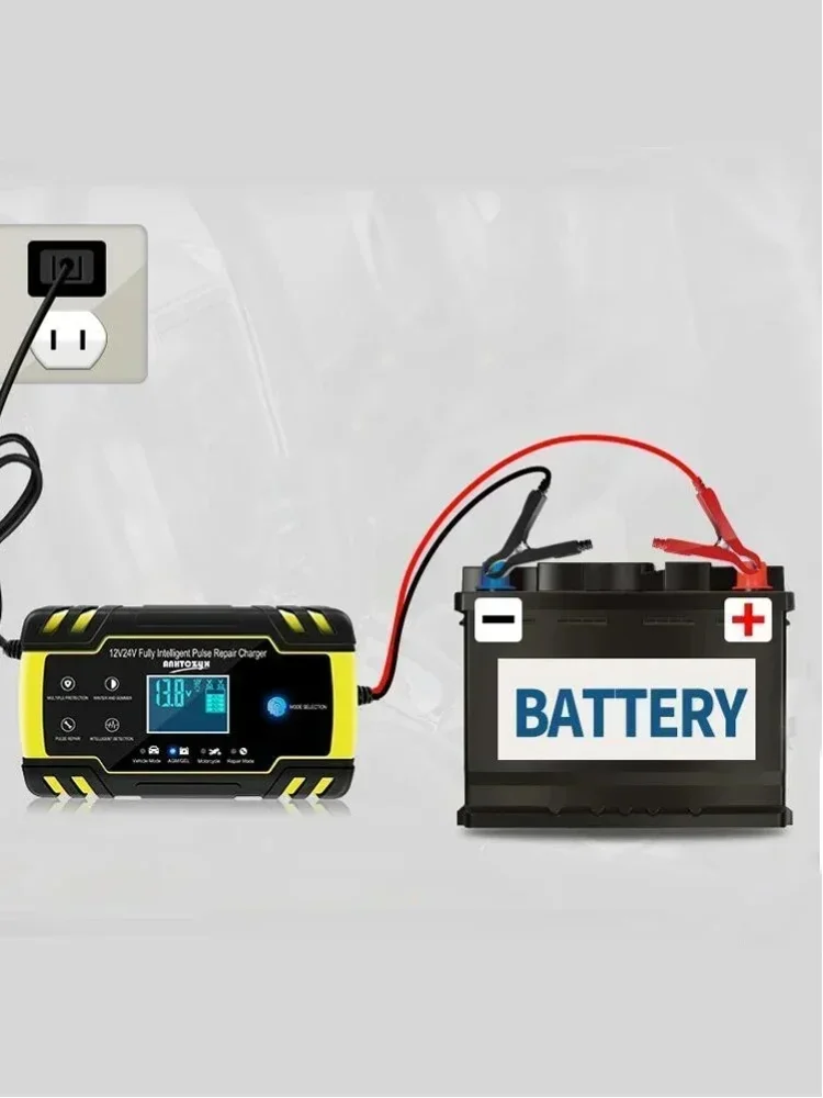 12V-24V 8A Vollautomatisches Autobatterie-Ladegerät mit Pulsreparaturfunktion für Nass- und Trocken-Blei-Säure-Batterien mit Digitalem LCD-Display