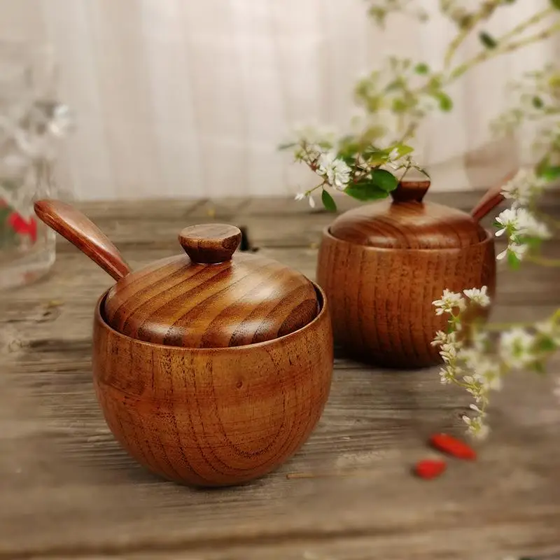 

Retro Wooden Spice Jar Japanese Style Acid Jujube Wood Core with Lid And Spoon HYYG001 Box Six-sided Kitchen Storage Container