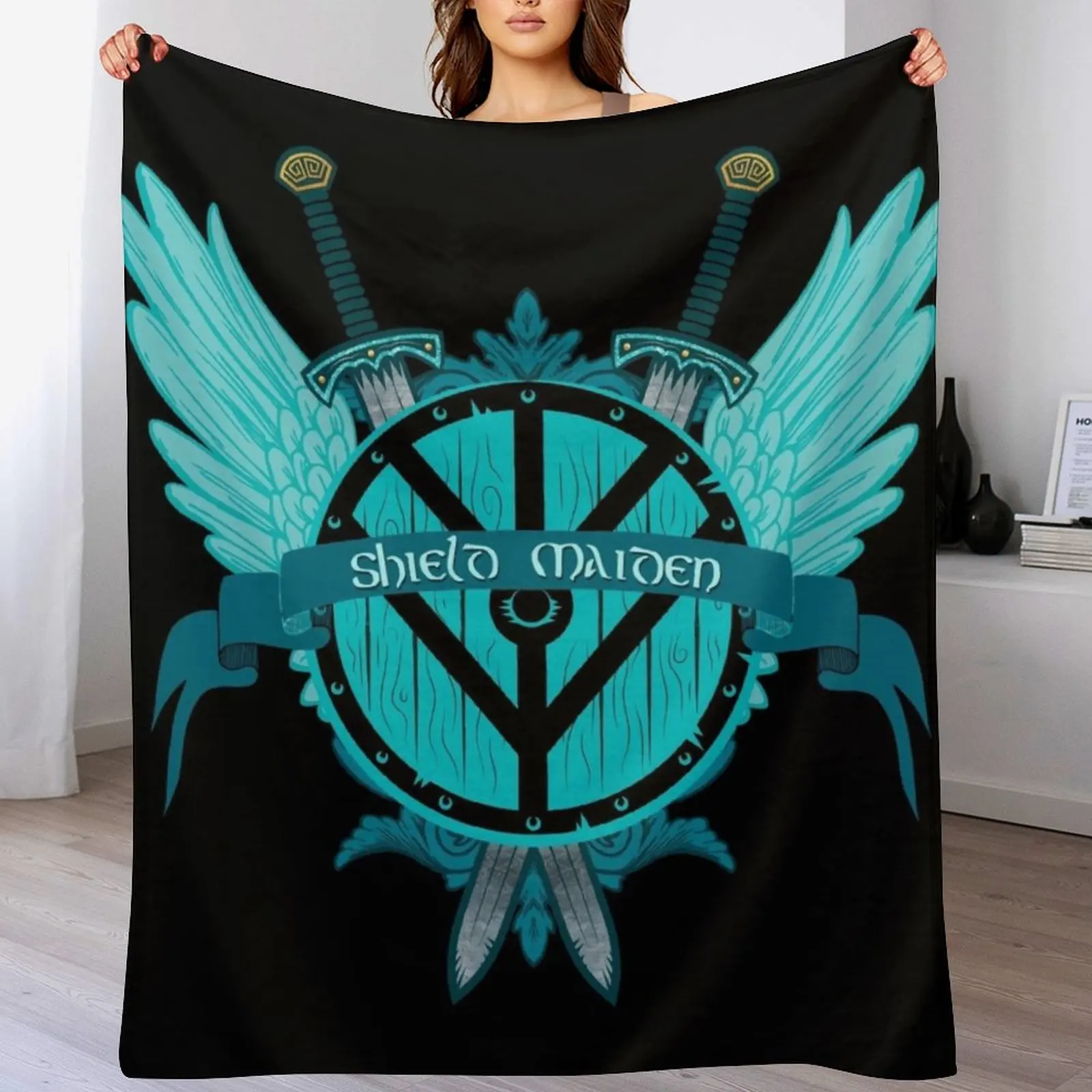 

Shield Maiden Badass Warrior Woman Winged Teal Viking Shield Throw Blanket Machine Washable Soft Warm Blanket