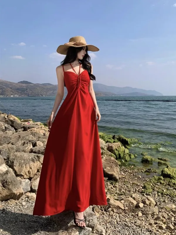 

Sexy Deep V Bal Dr Travel Beach Vaion Wear Polyester Fabric High Waist A-Line Skirt Svel Hollow out Red Dr