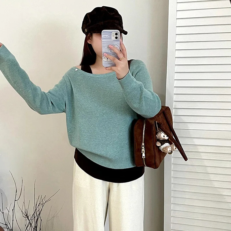 

plus Size Shoulder Bared One-Shoulder Knitted Set Vest Inner Wear Casual Two-Piece Set for Women Autumn Season Fashion