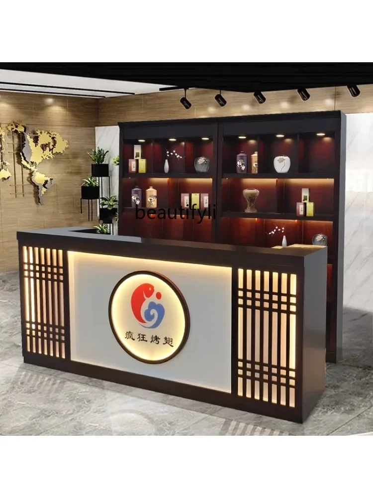 

PP Chinese Hotel Reception Desk Local Restaurant Bar Restaurant BBQ Hot Pot Reception Table Cashier Wine Cabinet