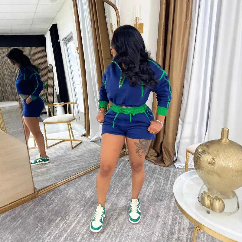 

KEXU Women's Half Chain Off Shoulder Sleeves Waist Cinching Long Sleeved Top and Shorts Set Casual Sport Two-piece Set