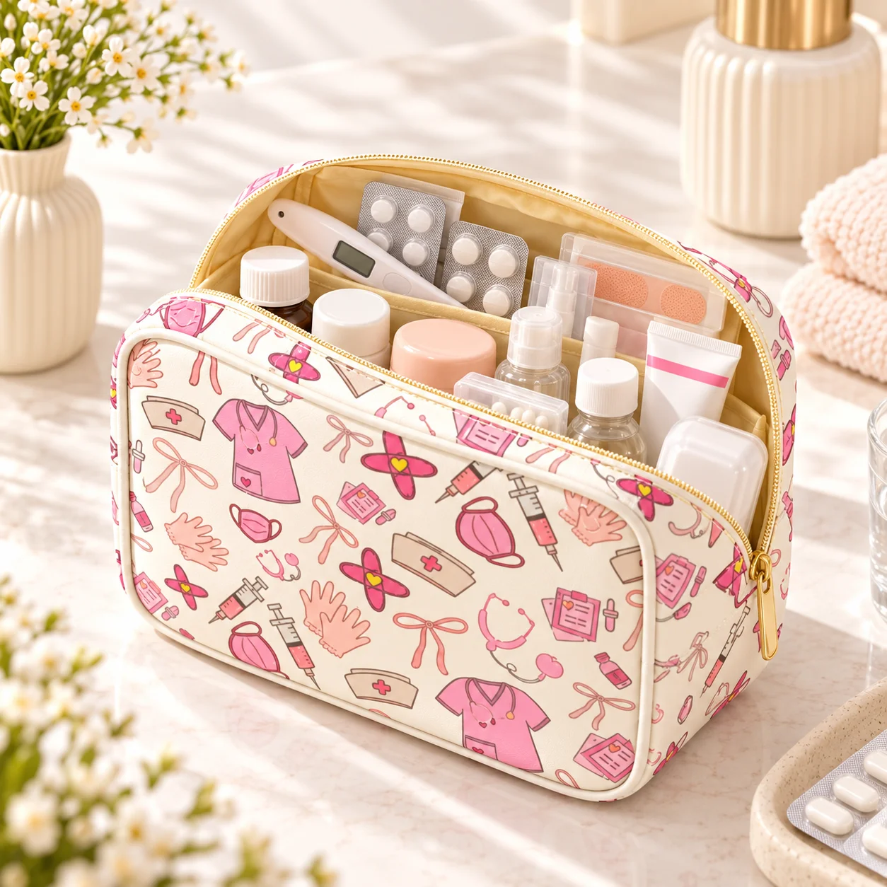Medical Cosmetic Bag Soft Canvas Nurse Print Travel Pouch Portable Toiletry Organizer Medicine Storage Case for Nurses Women