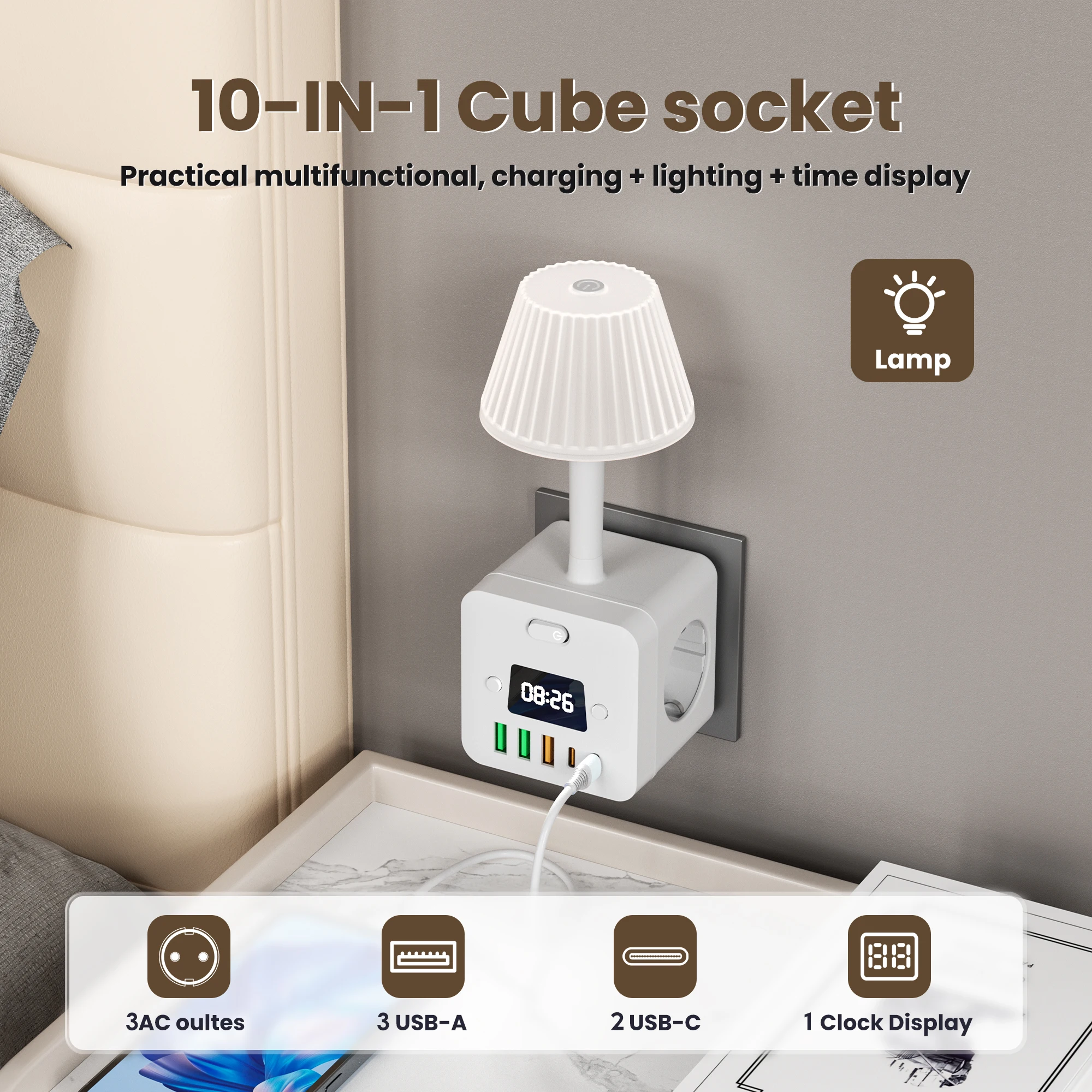 조정 가능한 야간 조명 소켓, 서지 보호, 스위치, 가정용 USB-A 포트 3개 및 USB-C 2개가 포함된 3구 콘센트 시계 전원 스트립