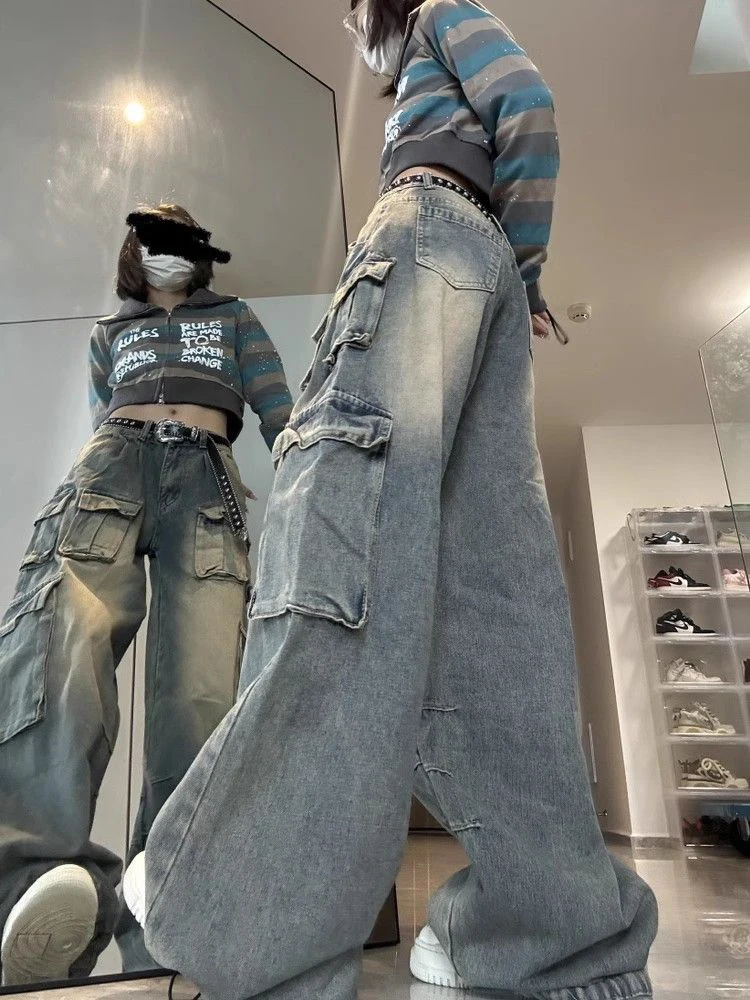 อเมริกันStreetwear Cargoกางเกงยีนส์ผู้หญิงY2K 90S Retro Highเอวซักผ้าหลวมDenimกางเกงHip Hopกระเป๋ากางเกงขากว้าง