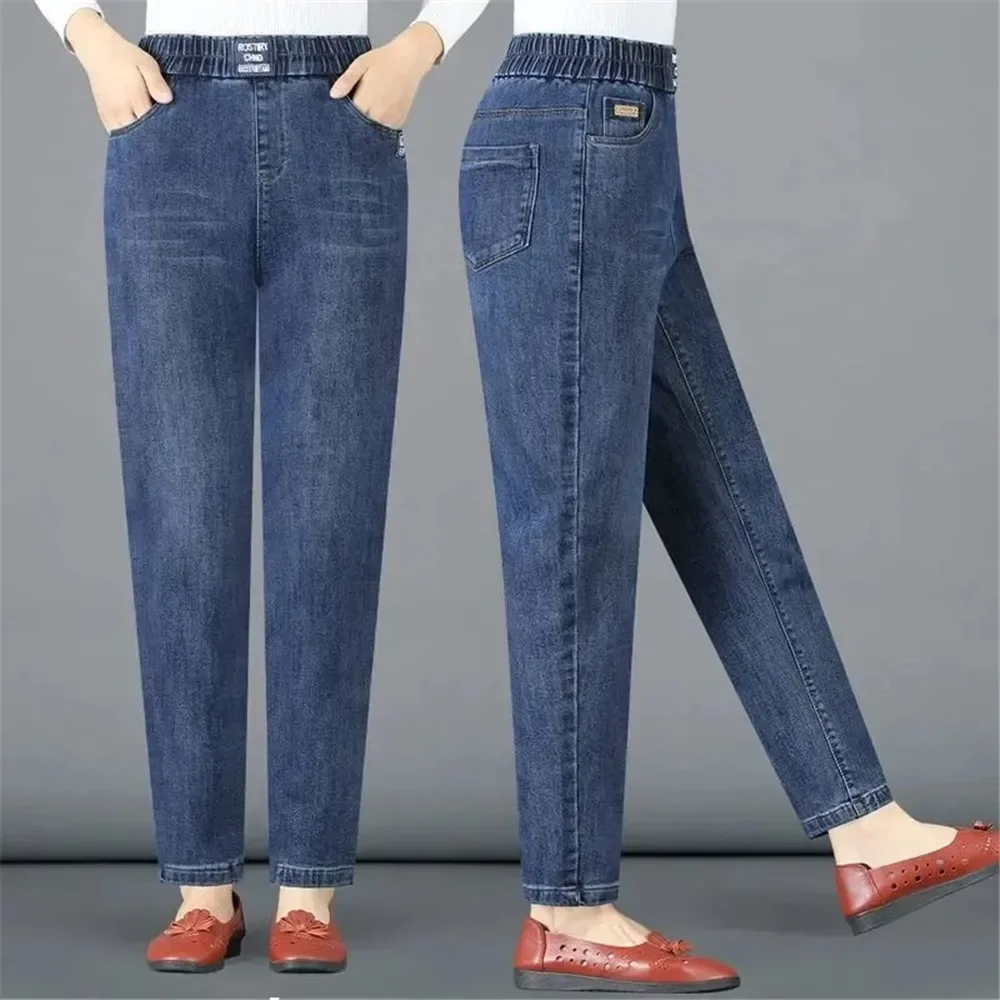 Mother Jeans New Large Size Elastic High Waist Denim Pants Middle Age Women Loose Casual Straight Jeans Pants Female Trousers