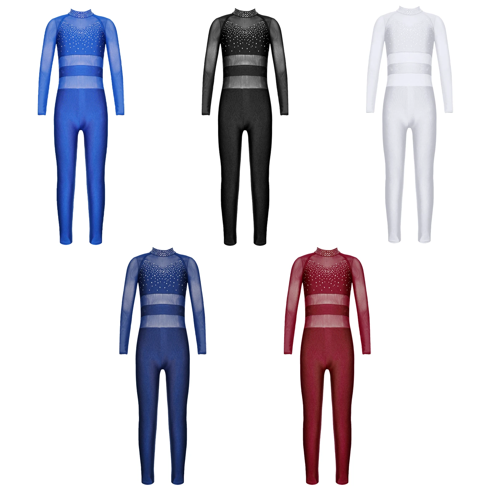 Girls Kids Long Sleeve Rhinestone Ballet Dance Leotard Sport Workout Bodysuit Jumpsuits Sheer Mesh Long Sleeve Skating Unitards