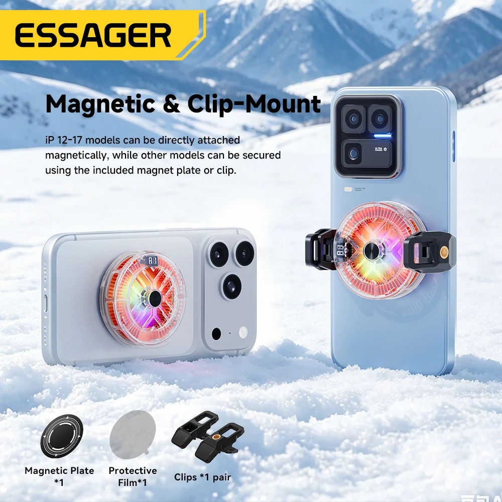 Essager Magnetic  Back Clip 2 in1 Phone Cooler Back Clip Smart Digital Screen Display RGB Light Mute Cooling Fan for iPhone live view 6