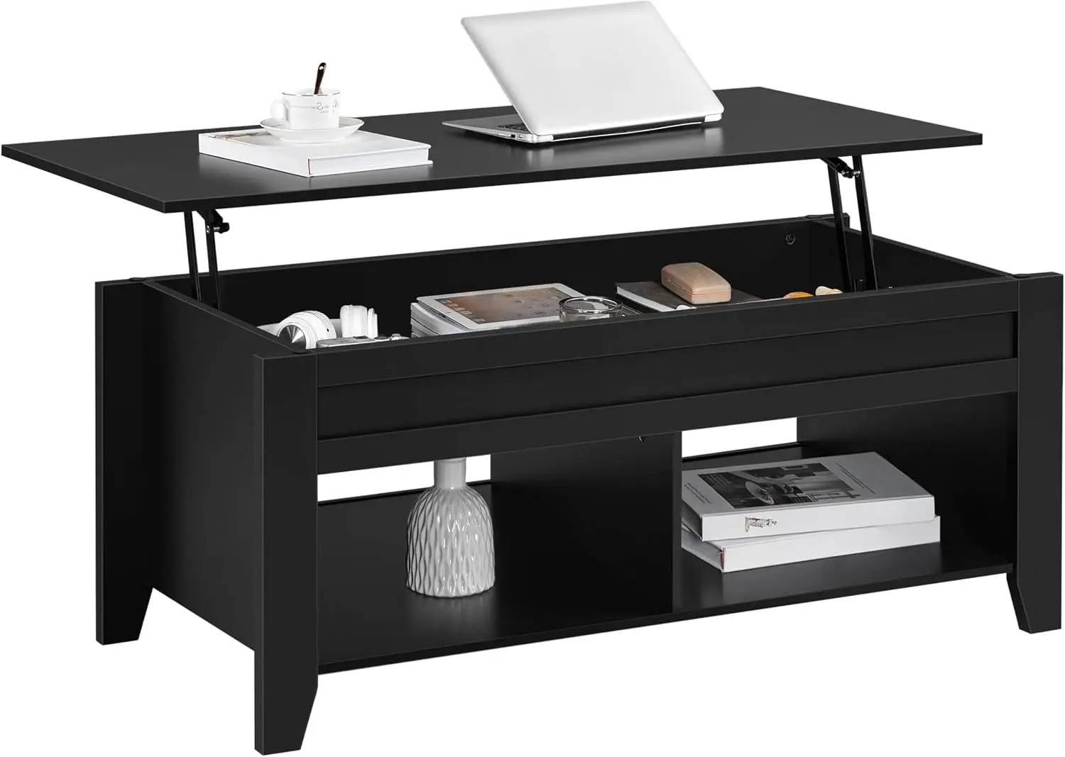 Lift Top Coffee Table, Large Wood Center Table, Living Room Hidden Storage Compartment Organizer, Modern Accent Tea Table Workstation, Black Finish