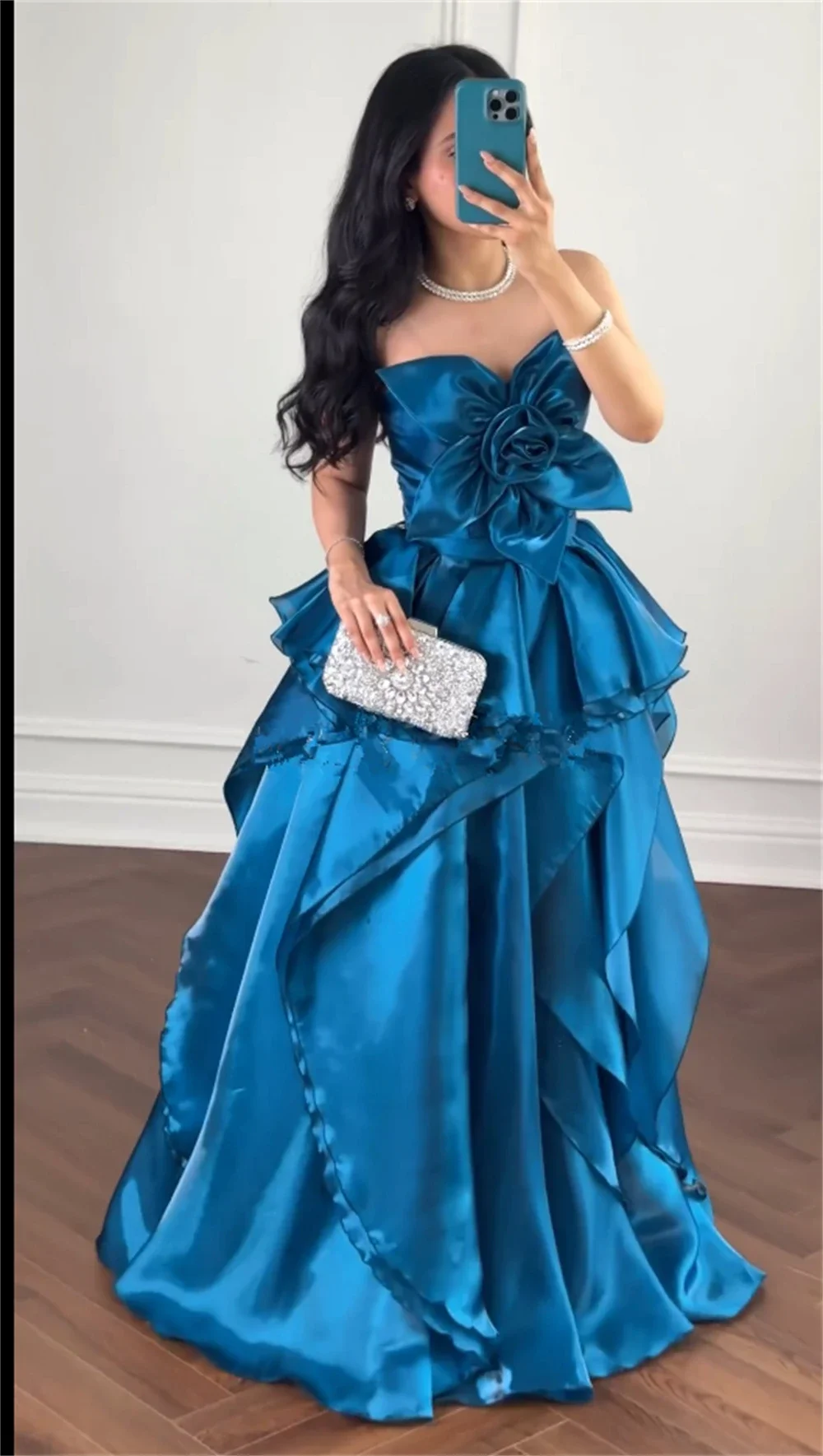 Customized Saudi Arabia Evening Dress Prom Strapless A-line Floor Length Skirts 3D Flower Sleeveless Bespoke Occasion Dresses Fo