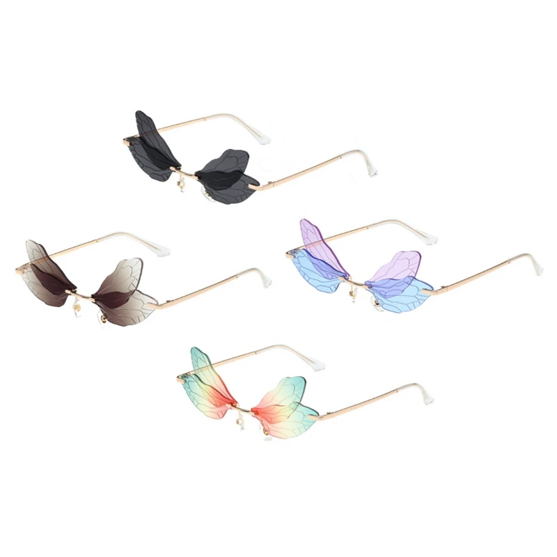 4 Pairs Fairy Wing Dragonfly Rimless Sunglasses Rimless Irregular Retro Glasses Ladies Men's Party Gradient Sunglasses For Party