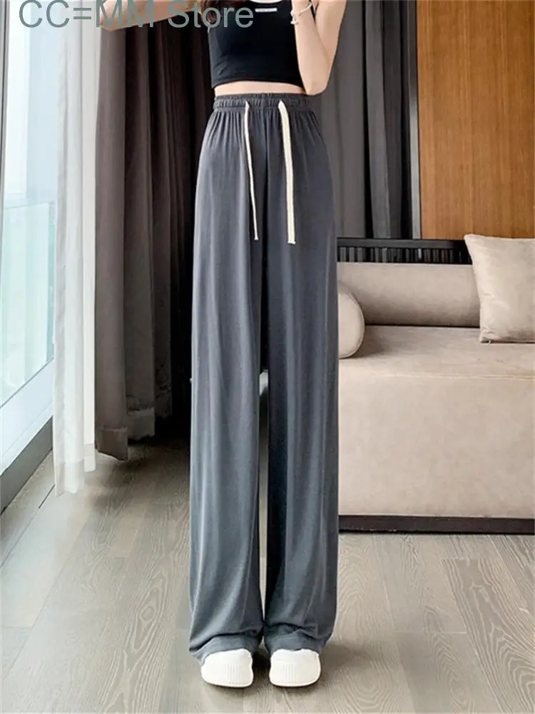 New Wide Leg Pants for Women Solid High Waisted Korean Fashion Casual Pants Ladies Elegant Full Length Pants