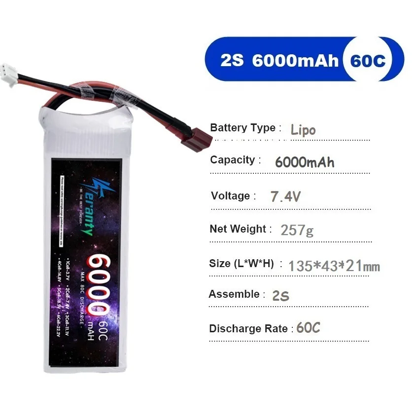 TERANTY 2S 7.4V 6000mAh 60C LiPo Battery High‑Power Rechargeable for RC FPV Drones Quadcopters Racing Cars Boats RC Models