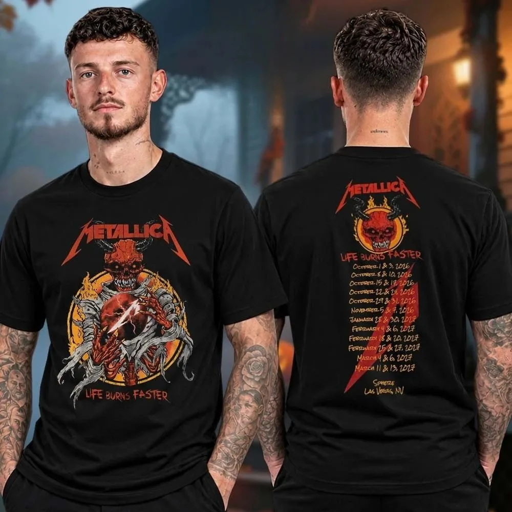 Metallica Life Burns Faster Las Vegas Sphere Tour 2026 T Shirt Devil Skull Graphic Men Women Print Rock Band Concert Te