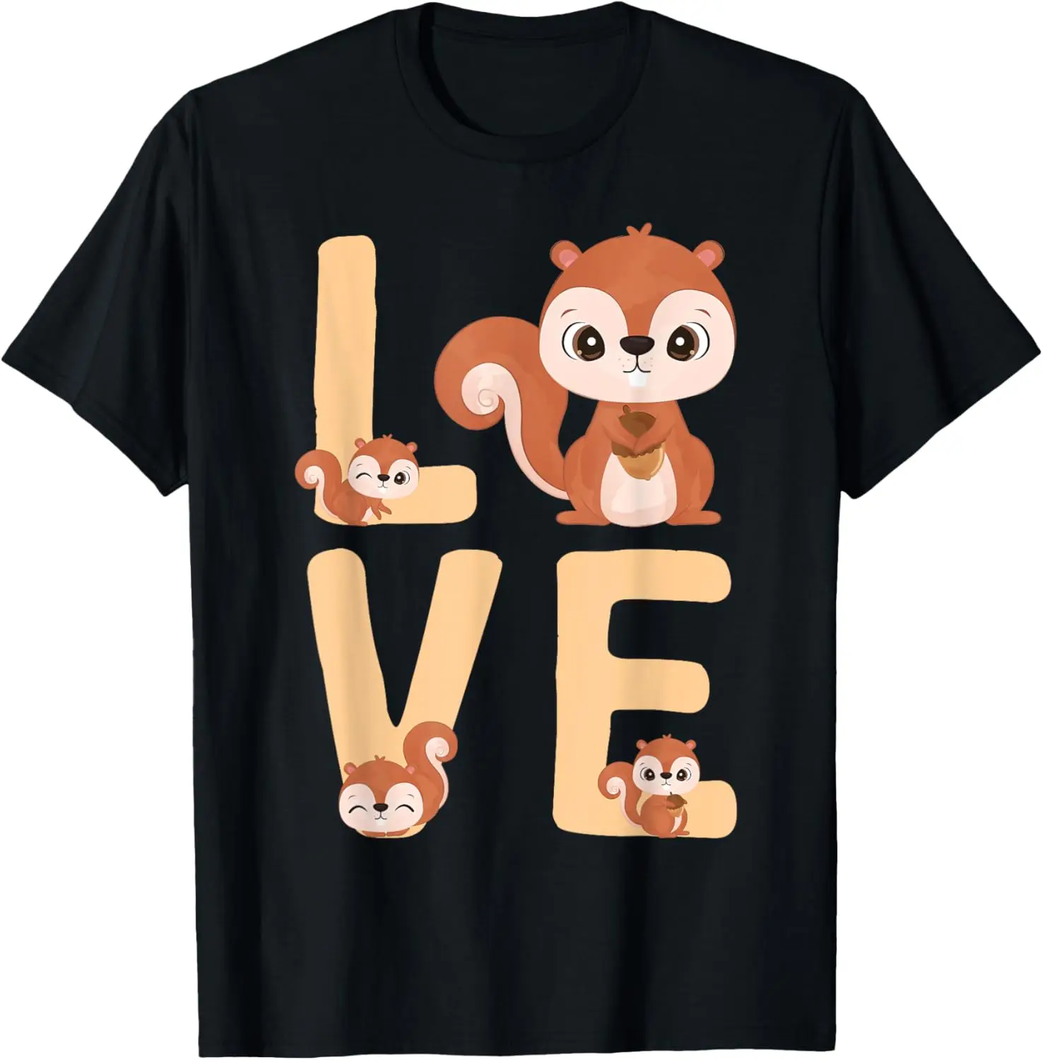 Camiseta con estampado de amor y bellota de ardilla bonita, camiseta informal de manga corta con estampado de animales de bosque de algodón transpirable para viaje para hombres y mujeres