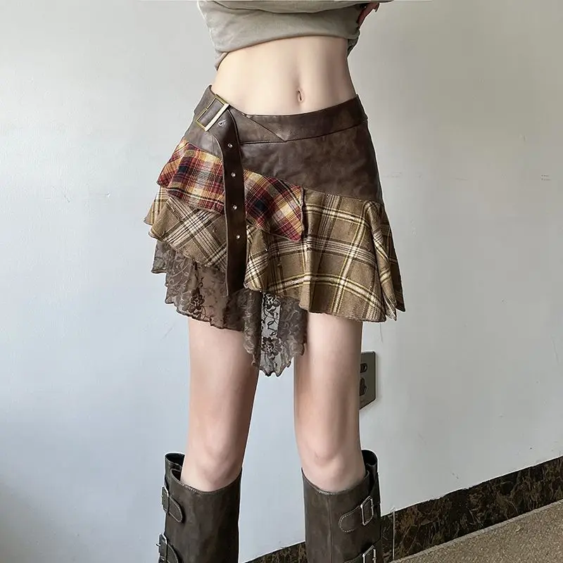 

Design-Sensual Retro Irregular Splicing Plaid Skirt Women Spring Autumn New Niche Slim Sexy Hot Girl Short Skirt