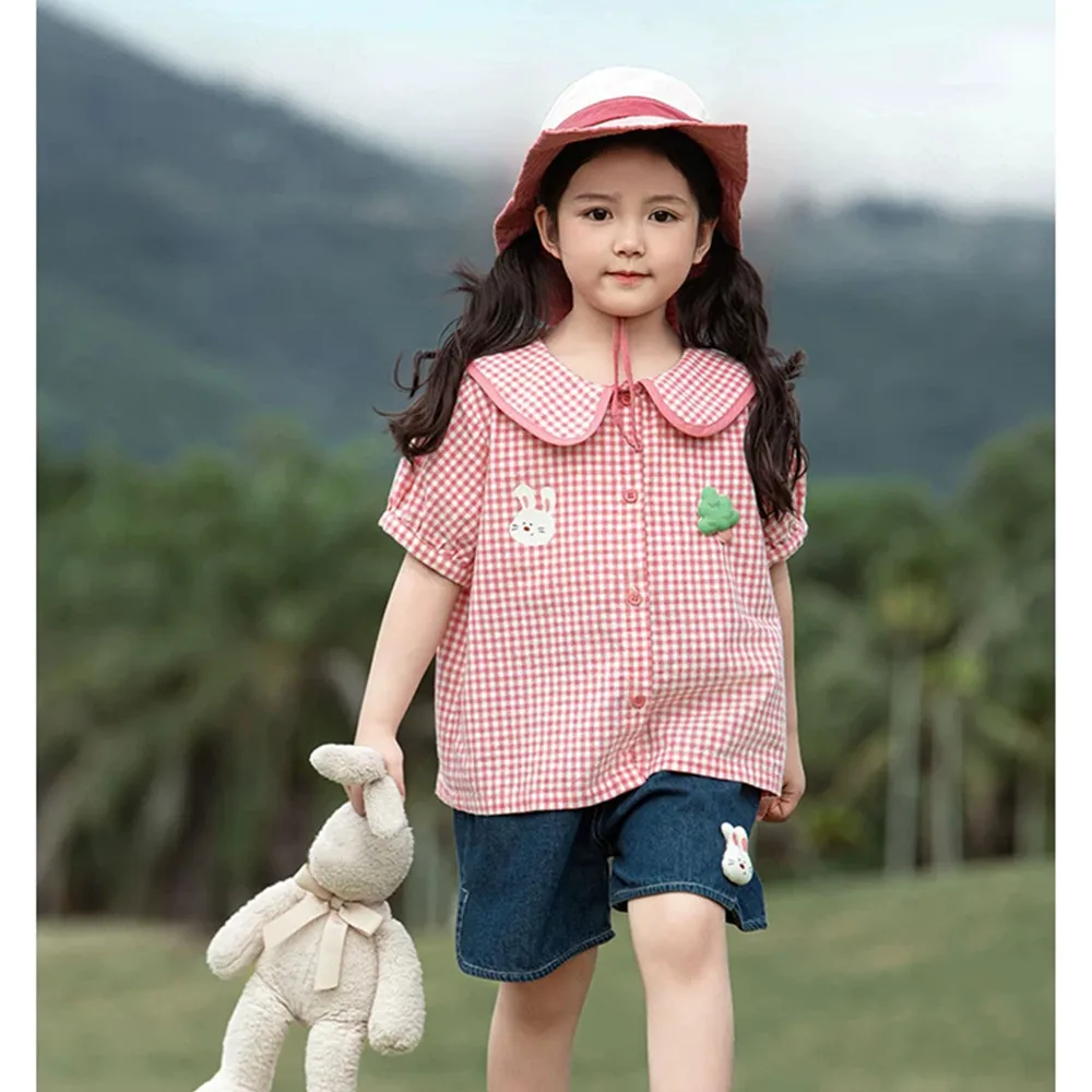 

baby tops casual cotton Pink checkered pattern bubble sleeve T-shirt Cute girl's summer top