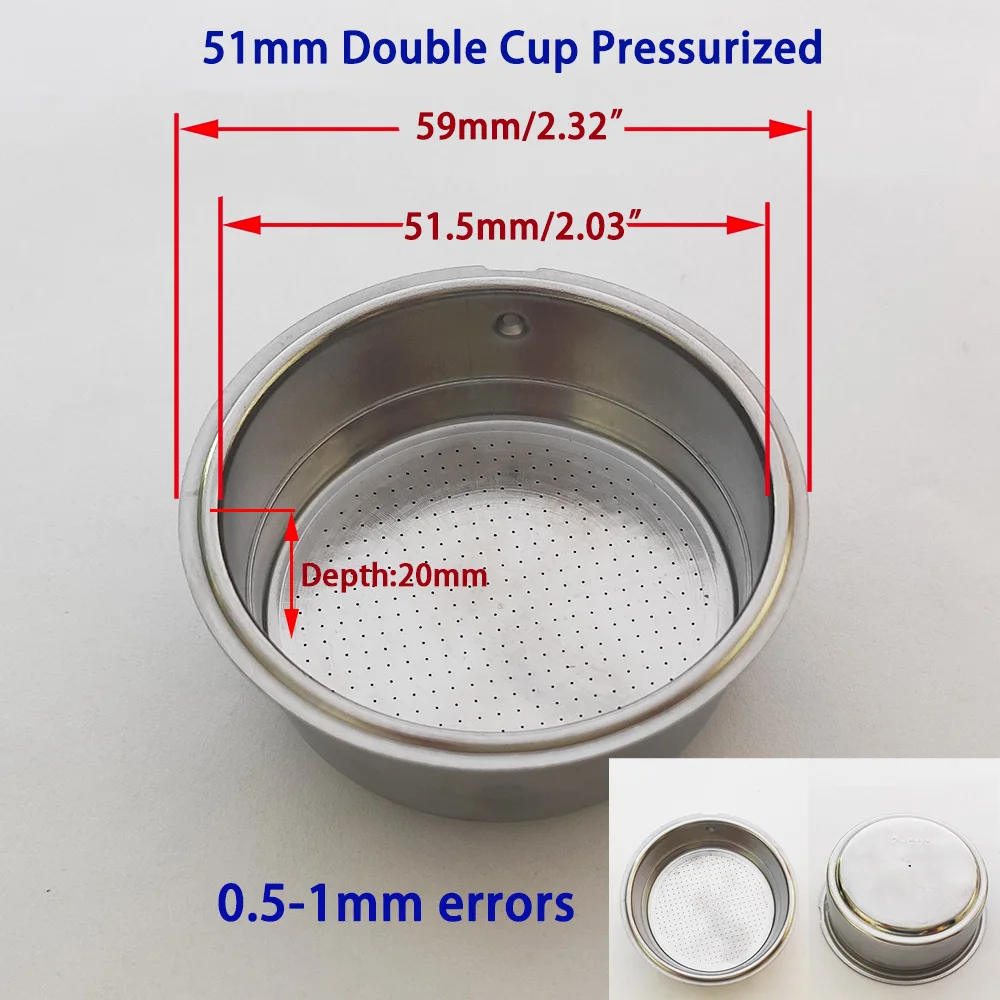 Máquinas de café em aço inoxidável Cesta filtrante pressurizada Cesta em pó Dupla camada, 1 tigela, 2 copos, 51mm