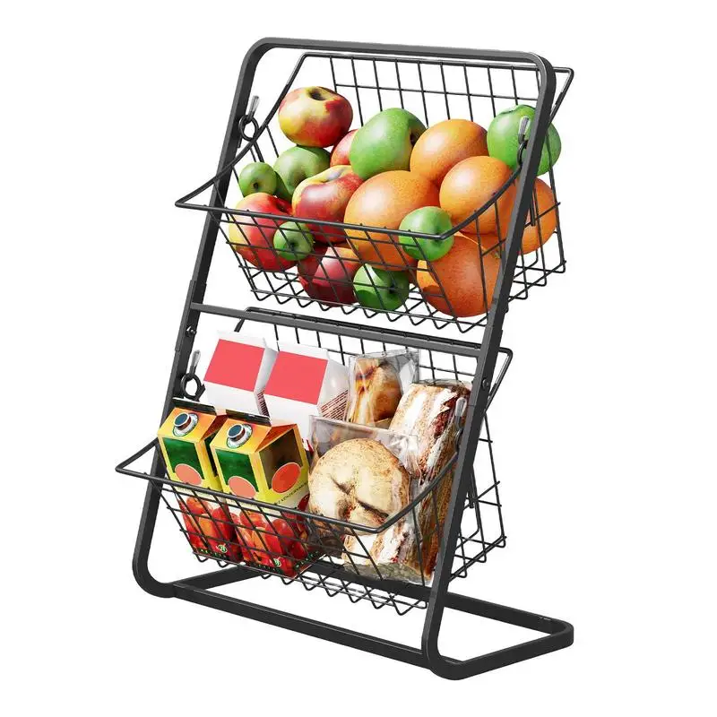 

2 Tier Large Metal Fruit Basket Portable Kitchen Storage Countertop Shelf Rack For Fruits Vegetables Household Cosmetic Supplies