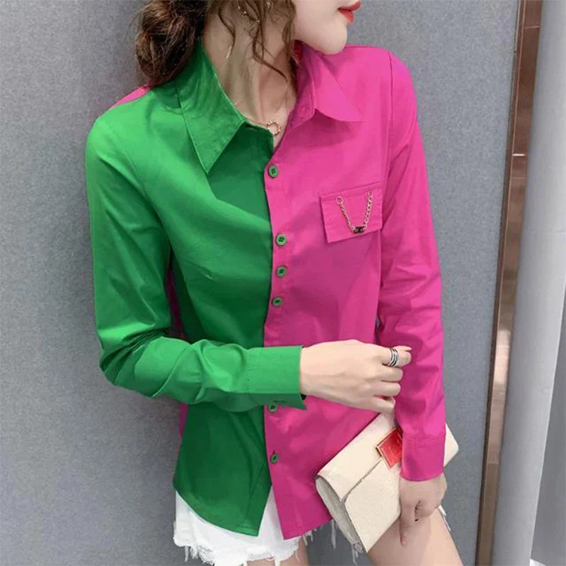 Spring Polo-neck Contrast Color Slim Shirt Female Long Sleeve Patchwork Casual Fashion Buttons Blouse Women Cardigan Top X750