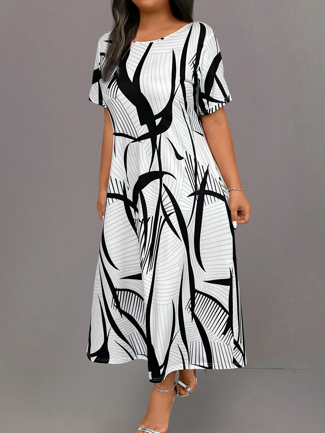 Plus Size Women Striped Round Neck Short Sleeve Casual Long Dress Women Outfit, For Summer