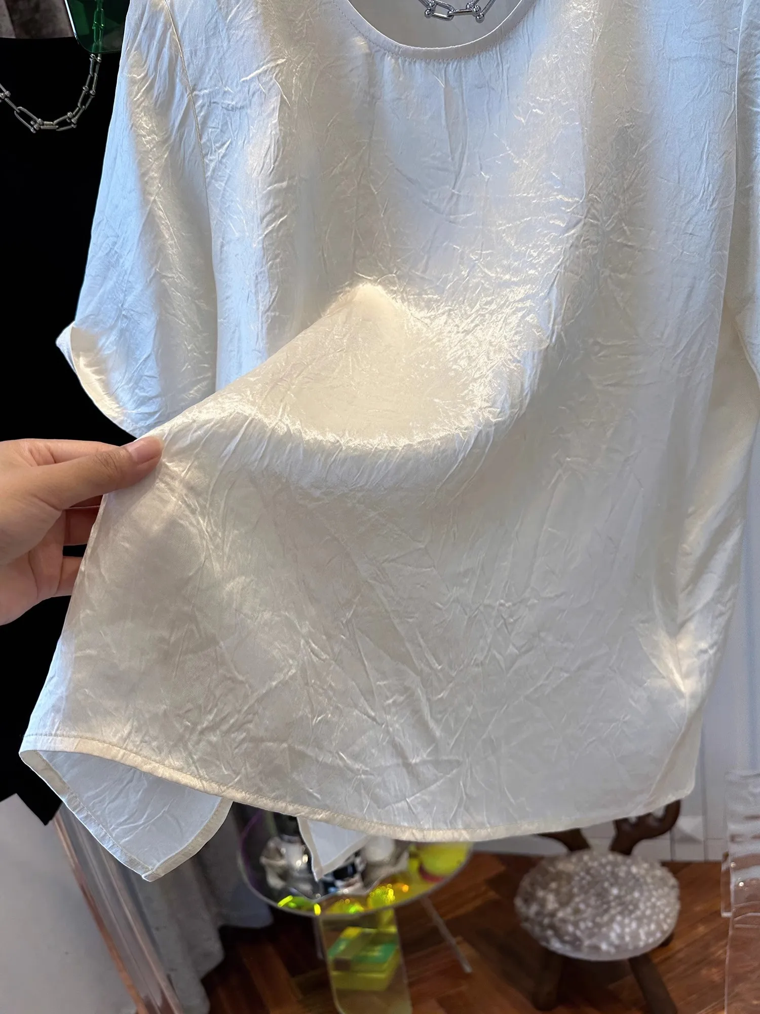 특대형 300포 아세테이트 새틴 질감 접이식 여성 여름 신상 루즈핏 탑 쉬폰 블라우스