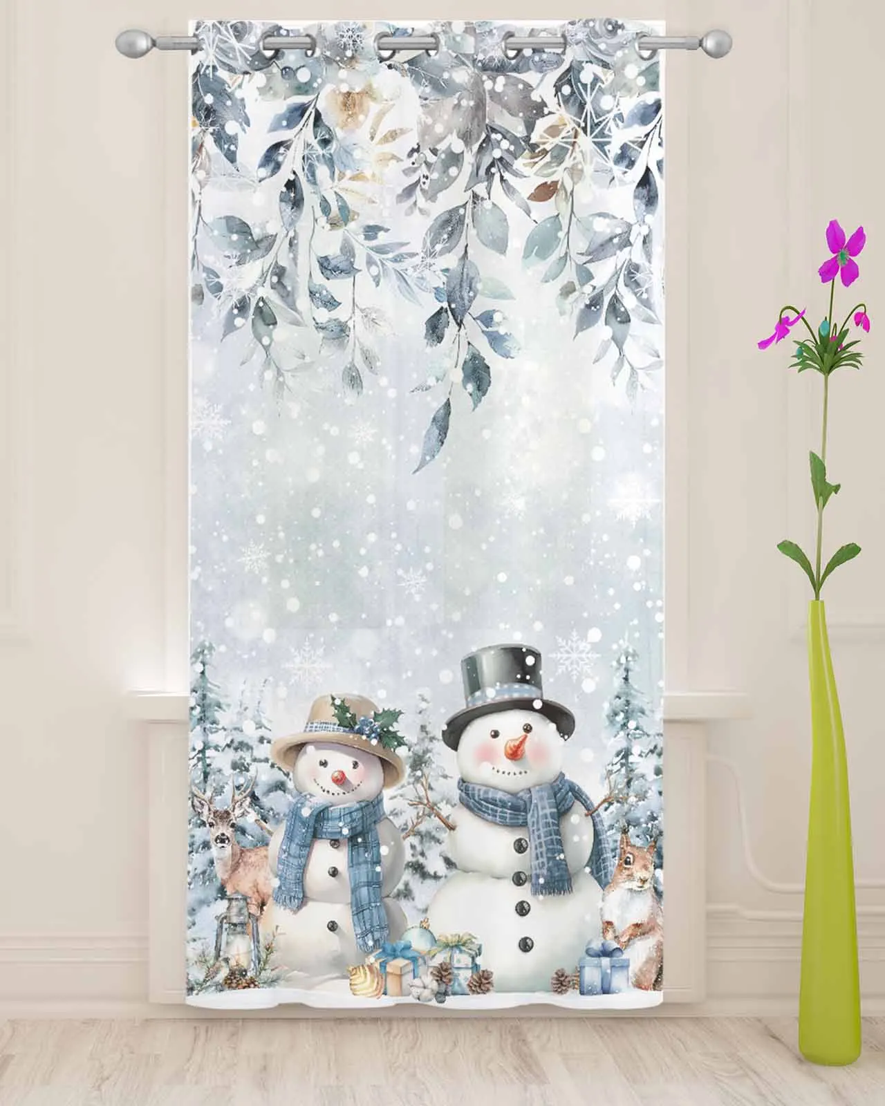 Christmas Leaves Flower Snowman Elk Squirrel Sheer Curtains for Living Room Printed Tulle Window Curtain Luxury Home Drapes