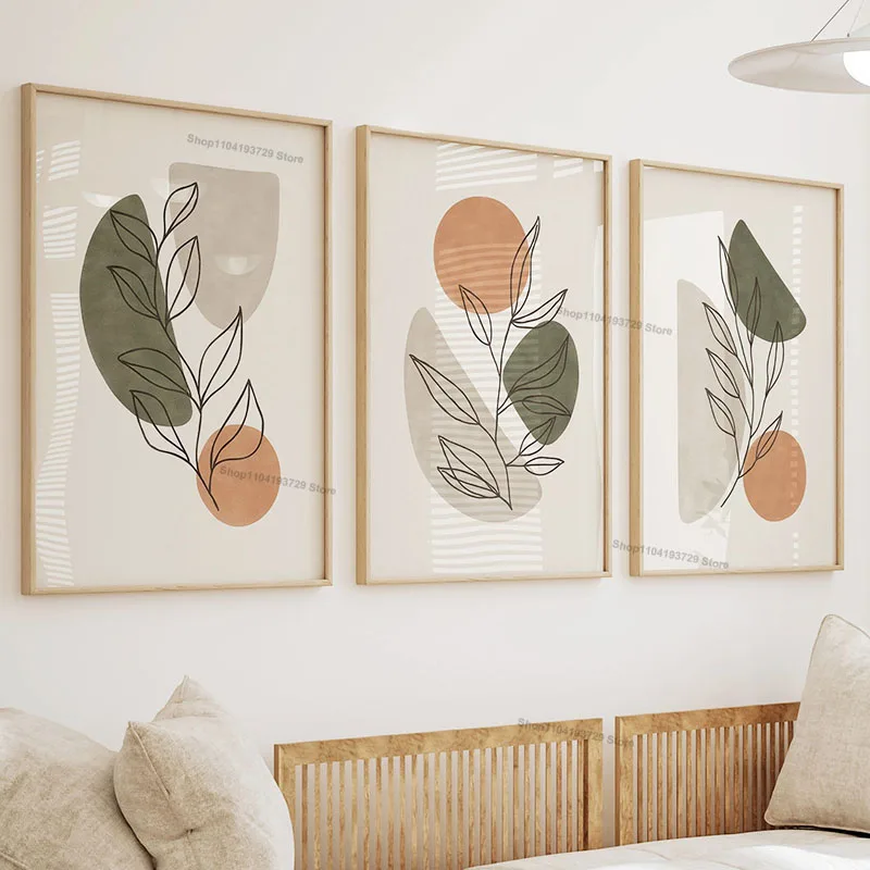 Boho Green Orange Leaf Sun Rainbow Geometry Wall Art Canvas Painting Abstract Line Posters  Prints Picture For Living Room Decor - view 3